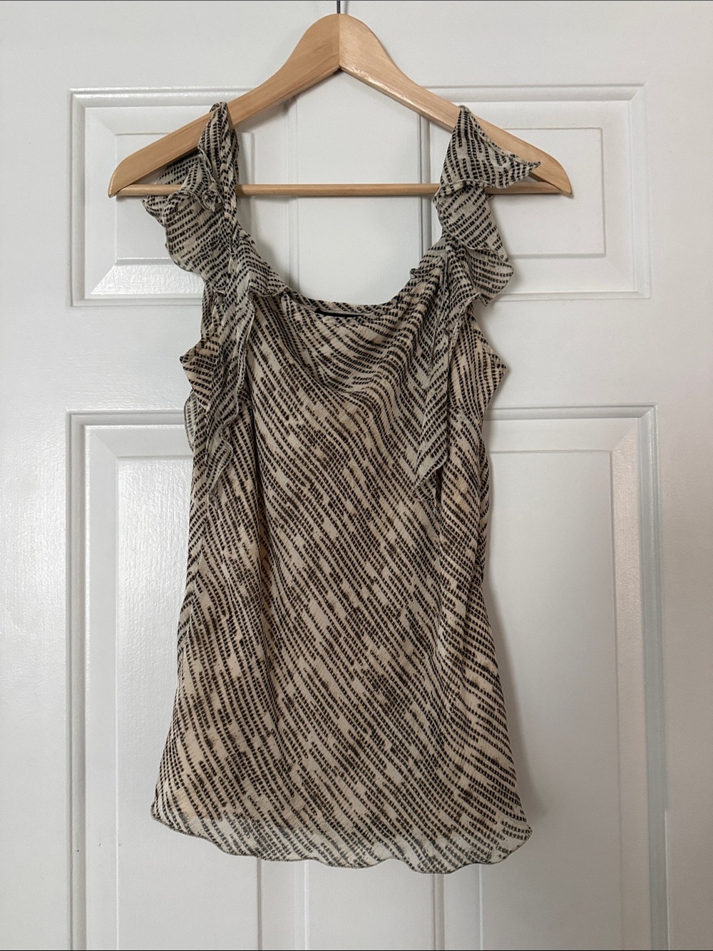 Ruffled Strap Printed Sleeveless Top - Beige/Black